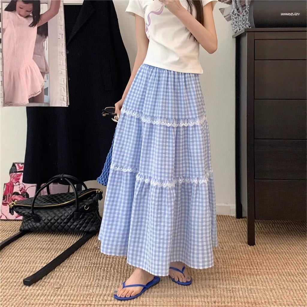 Fresh And Sweet Blue Plaid Cake Skirt