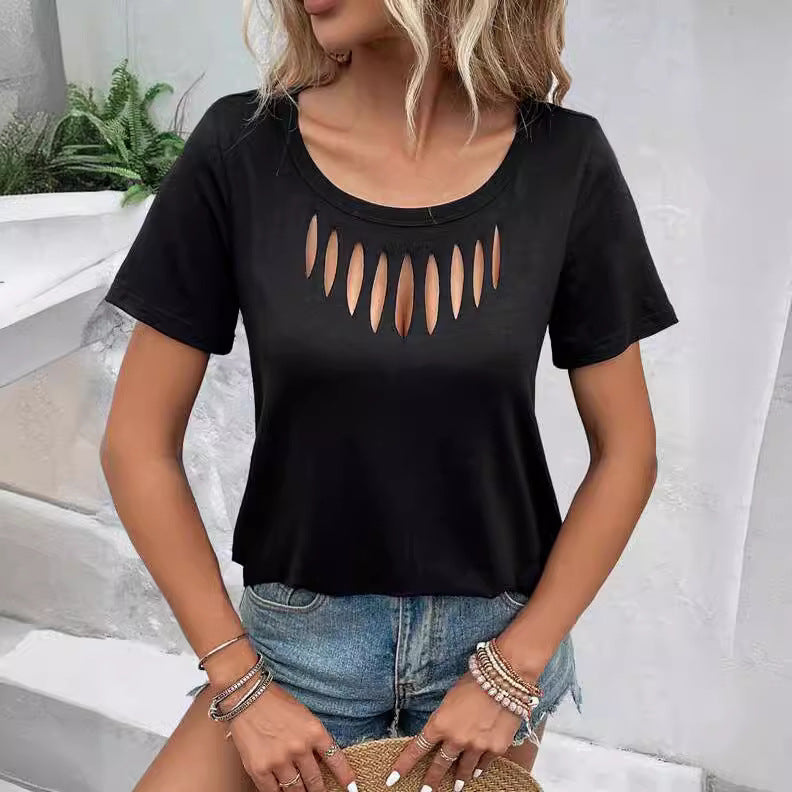Solid-color Casual Chic Front-cutout Loose-fit Short-sleeve T-shirt