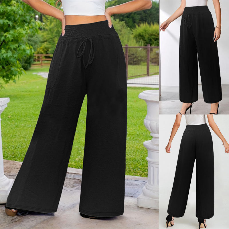 Women's Casual Fashion Solid-Color Drawstring Wide-Leg Pants With Pockets