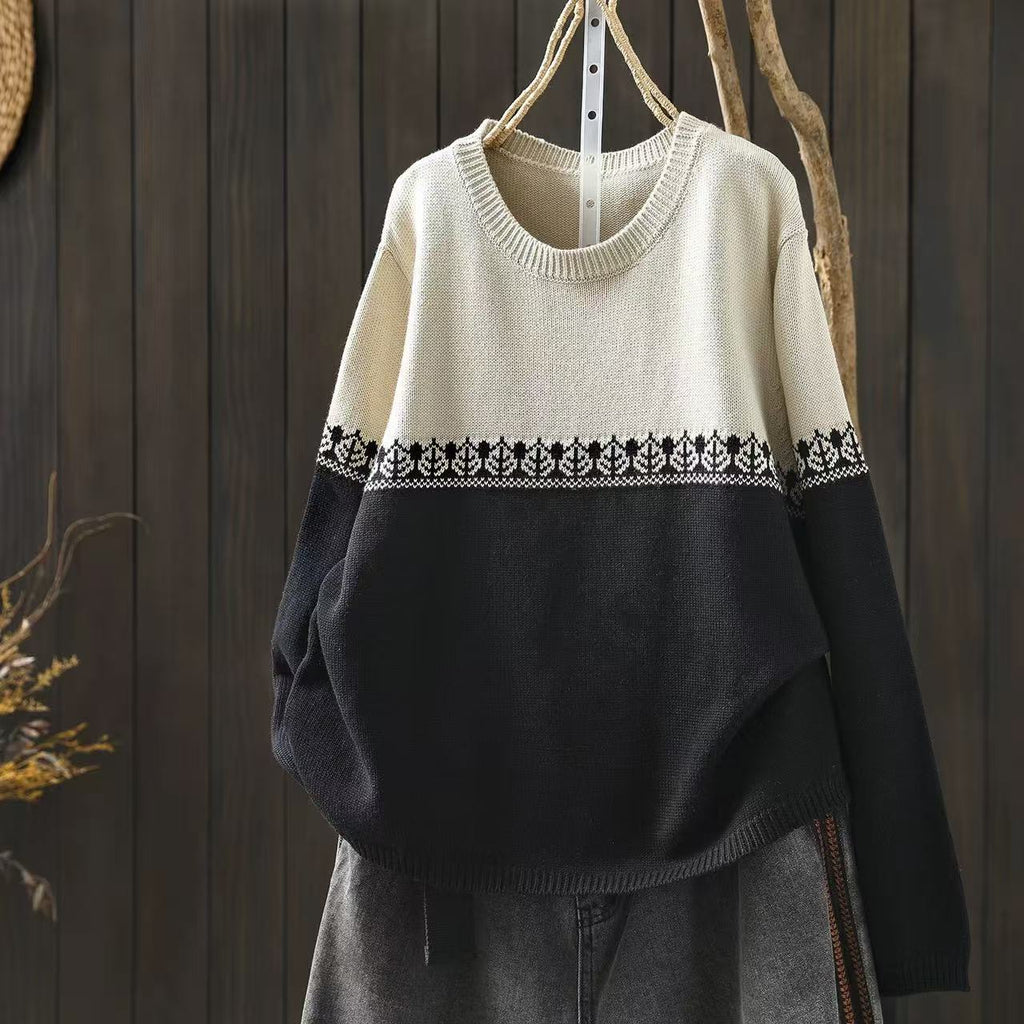 Crew-neck Preppy-style Cotton Knit Sweater Loose And Casual