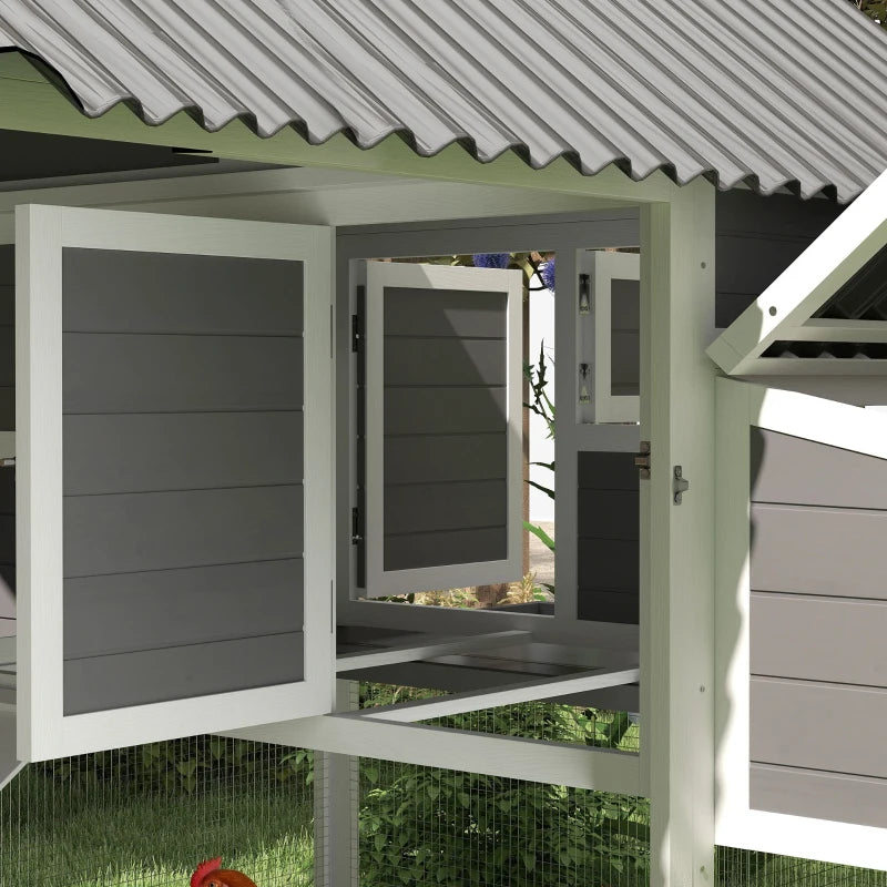 Wooden Chicken Coop With Run, 2 Nesting Boxes, 2 Roosting Bars, Ramp & Tray, Poultry Cage For 6-8 Chickens, Gray