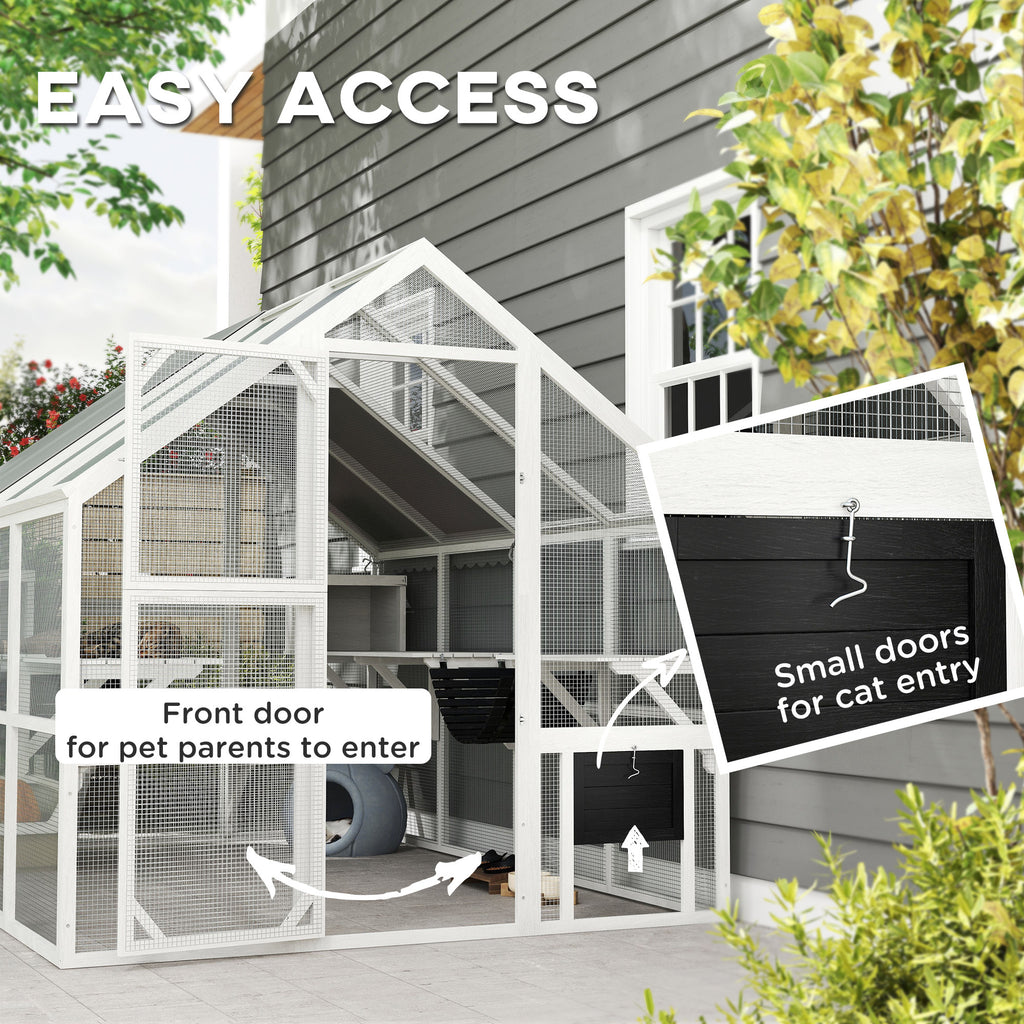 Wooden Catio Outdoor Cat Enclosure with Waterproof Cover, 2 Condos, 6 Platforms, Bridge, Doors, White