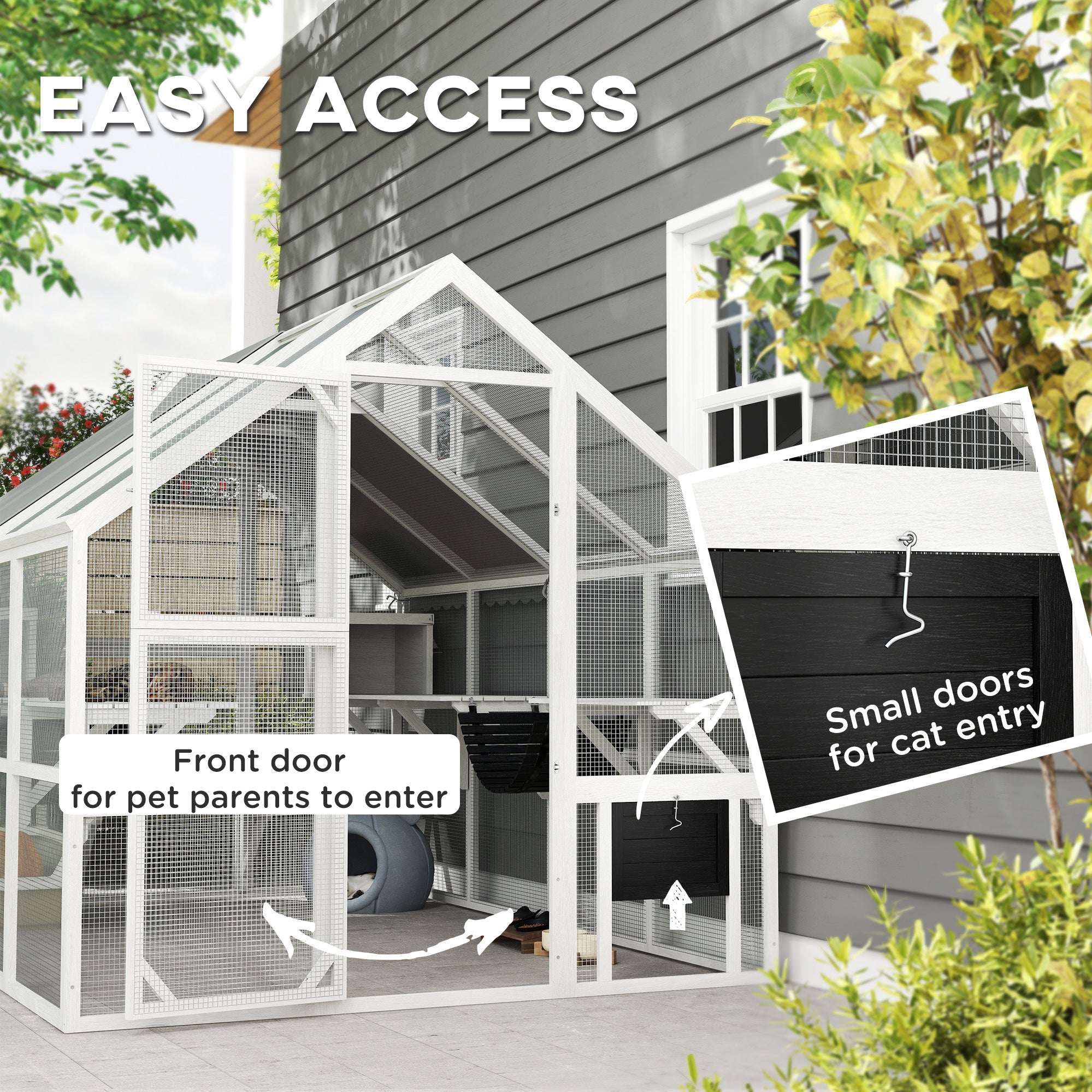 Wooden Catio Outdoor Cat Enclosure with Waterproof Cover, 2 Condos, 6 Platforms, Bridge, Doors, White