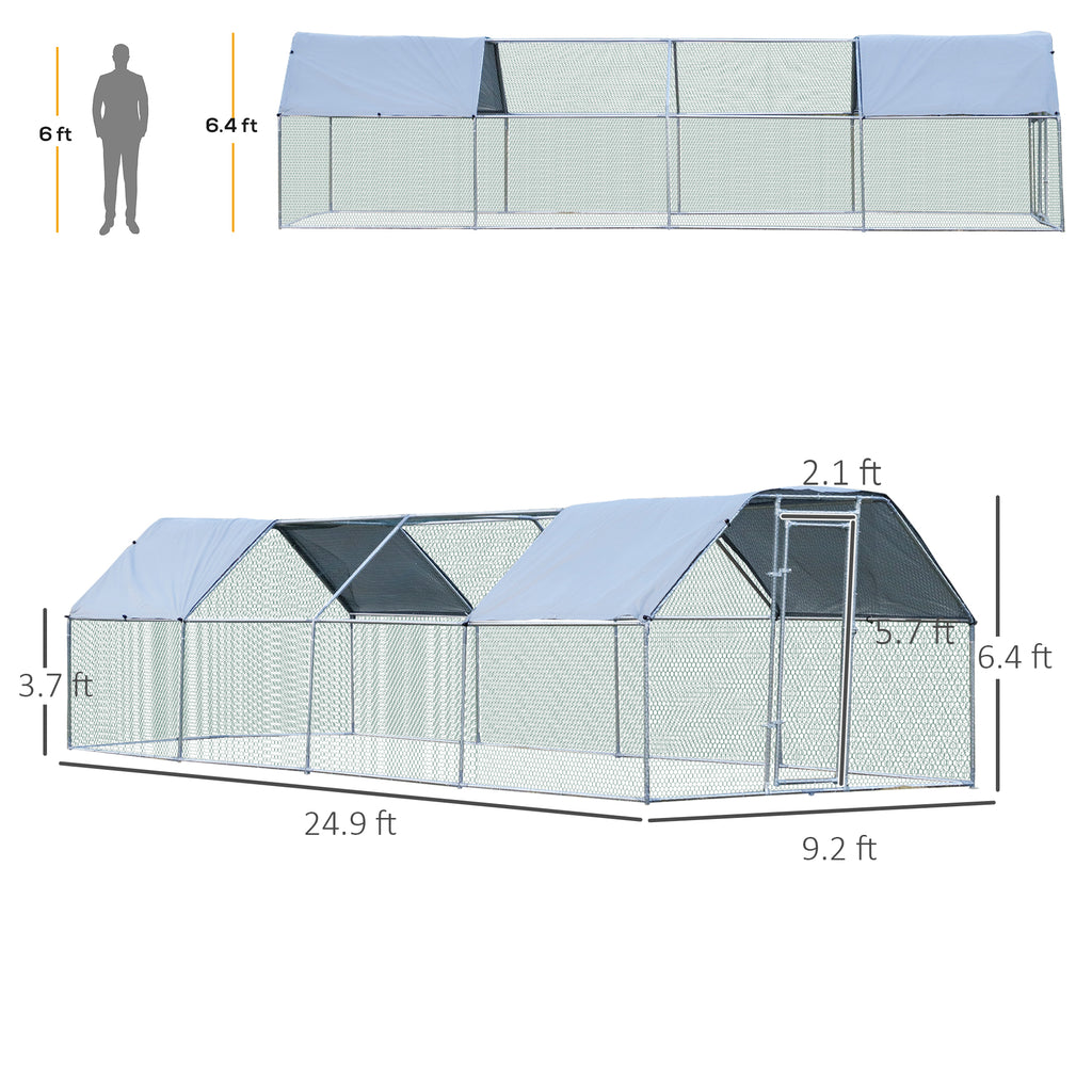 Large Chicken Coop Metal Chicken Run with Waterproof and Anti-UV Cover, Flat Shaped Walk-in Fence Cage Hen House for Outdoor and Yard Farm Use, 1.3" Tube Diameter, 9' x 24' x 6.5'