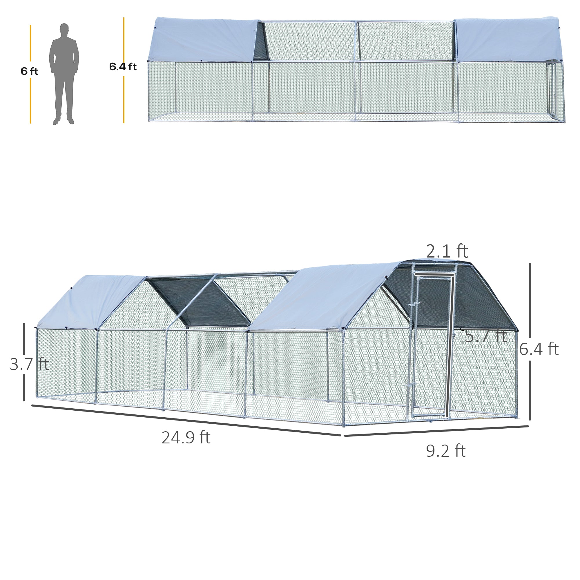 Large Chicken Coop Metal Chicken Run with Waterproof and Anti-UV Cover, Flat Shaped Walk-in Fence Cage Hen House for Outdoor and Yard Farm Use, 1.3" Tube Diameter, 9' x 24' x 6.5'