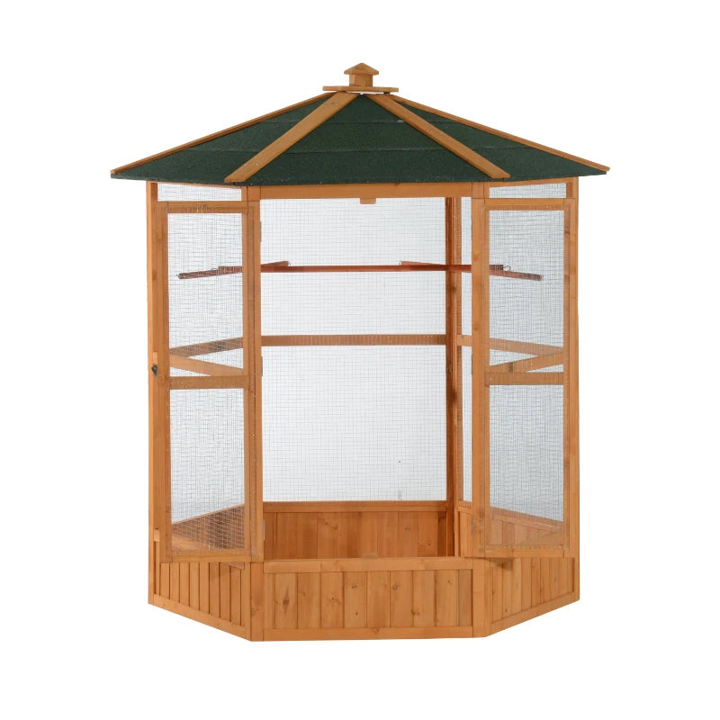 PawHut 69 Wooden Hexagonal Outdoor Aviary Flight Bird Cage With Covered Roof, BrownFor Multiple Packages, Please Pay Attention To The Detailed Dimensions And Weight Of Each Package.