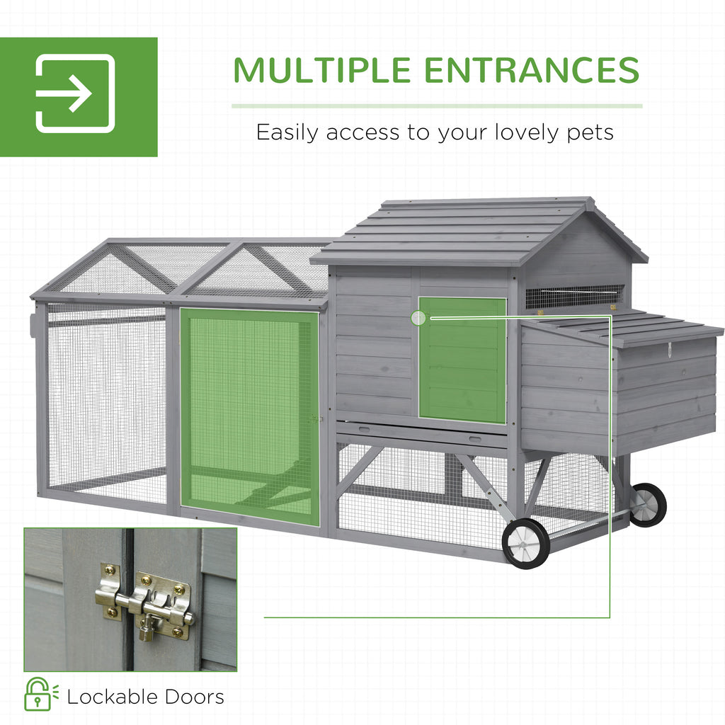 96.5" Chicken Coop Wooden Hen House Poultry Cage Pen Portable with Wheels and Nesting Box, Chicken Cage for Backyard Outdoor, Gray