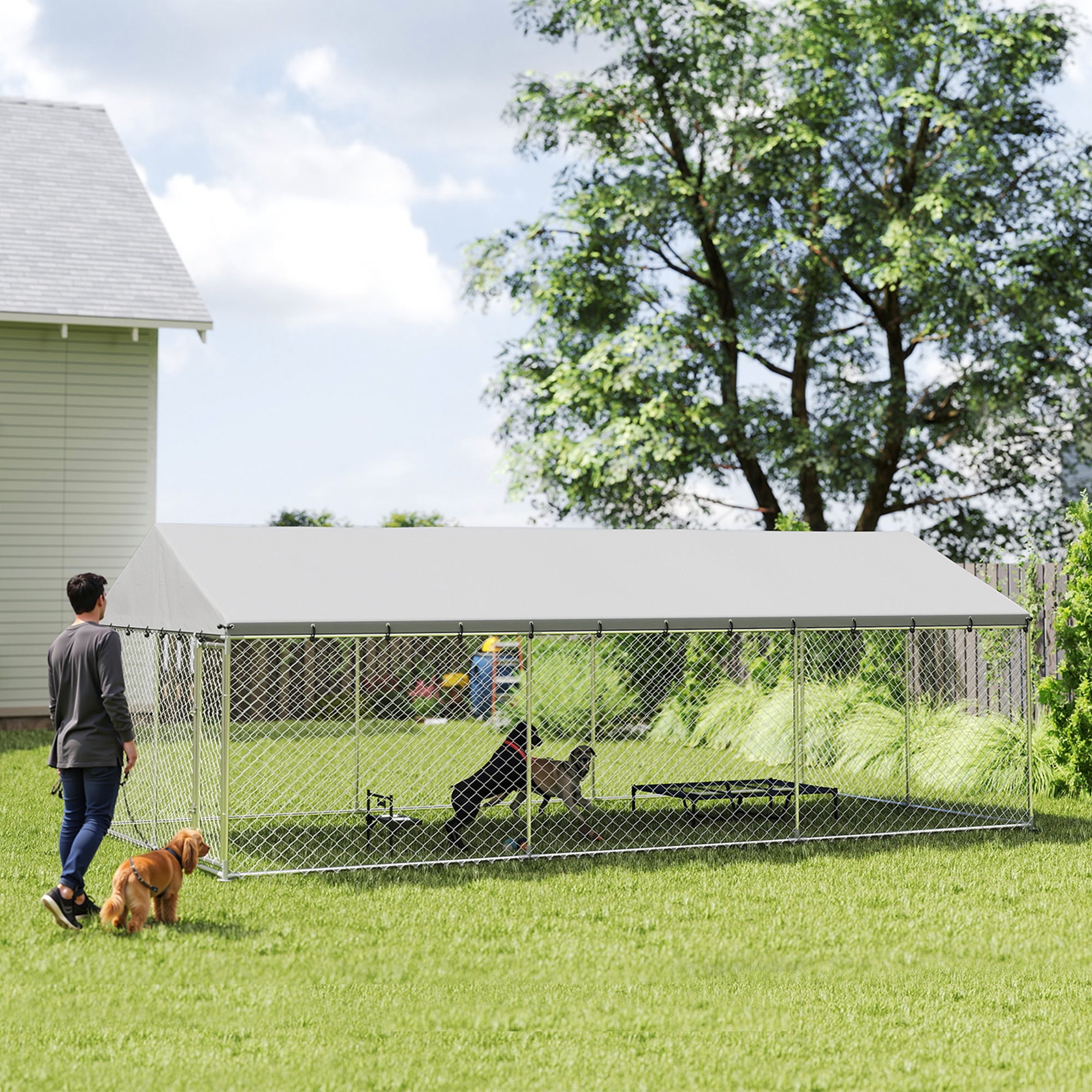 Heavy Duty Outdoor Dog Kennel with Waterproof Roof, 2 Secure Latches, Chain Link Dog Run for Backyard, 20' x 10' x 7'