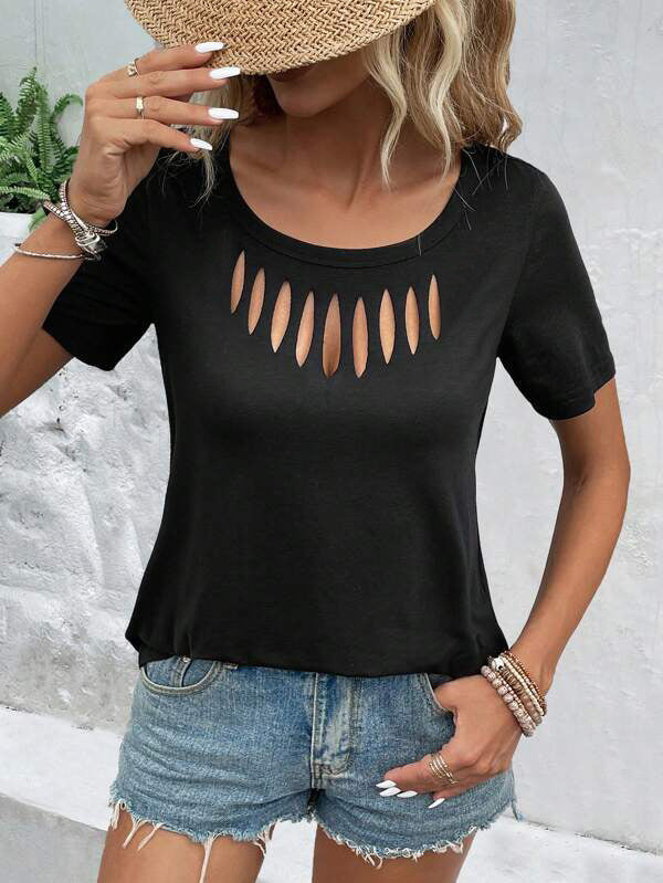 Solid-color Casual Chic Front-cutout Loose-fit Short-sleeve T-shirt
