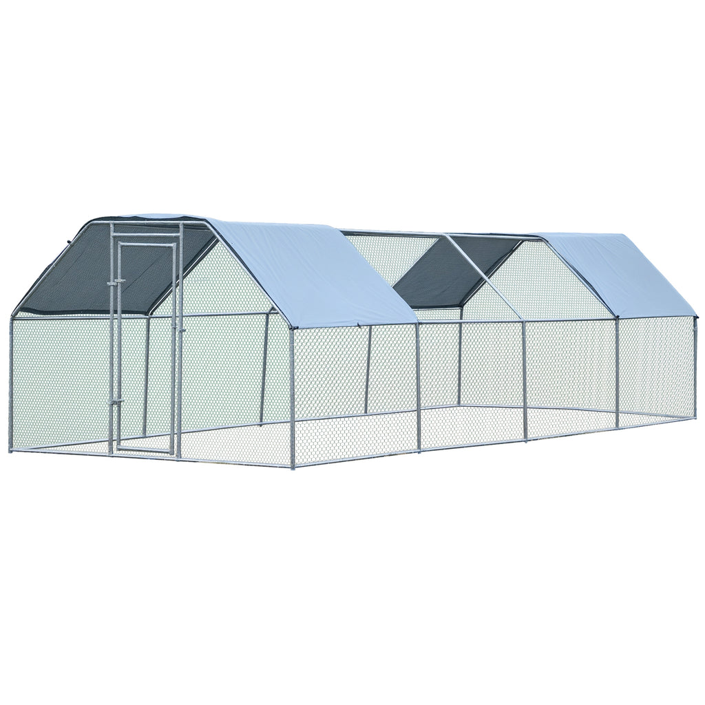 Large Chicken Coop Metal Chicken Run with Waterproof and Anti-UV Cover, Flat Shaped Walk-in Fence Cage Hen House for Outdoor and Yard Farm Use, 1.3" Tube Diameter, 9' x 24' x 6.5'