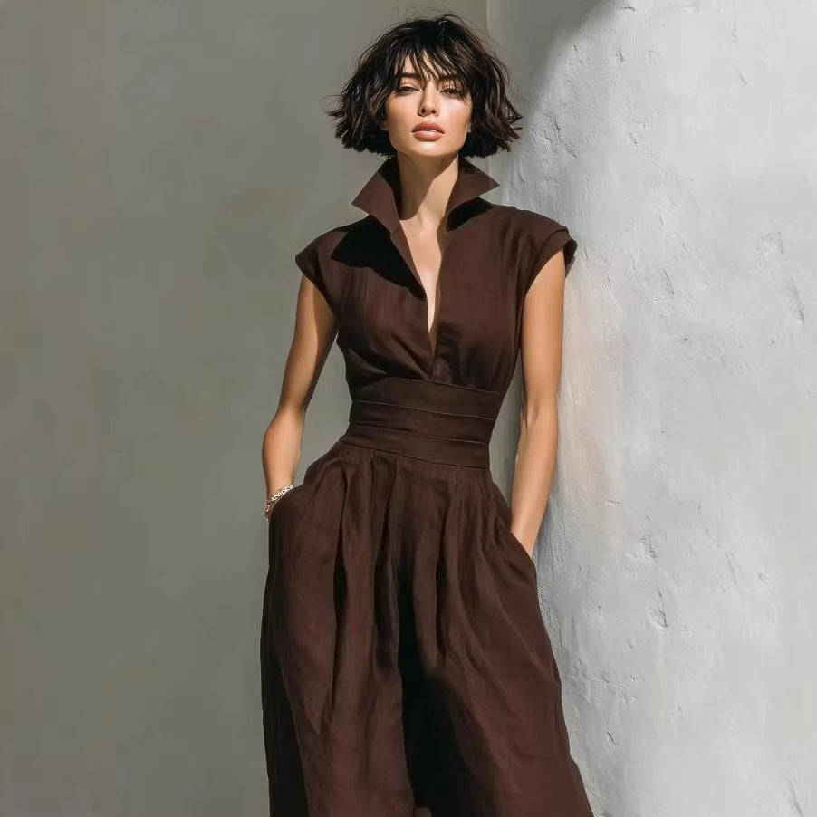 Elegant Waist-Cinching Pleated Solid-Color Designer Womens Jumpsuit