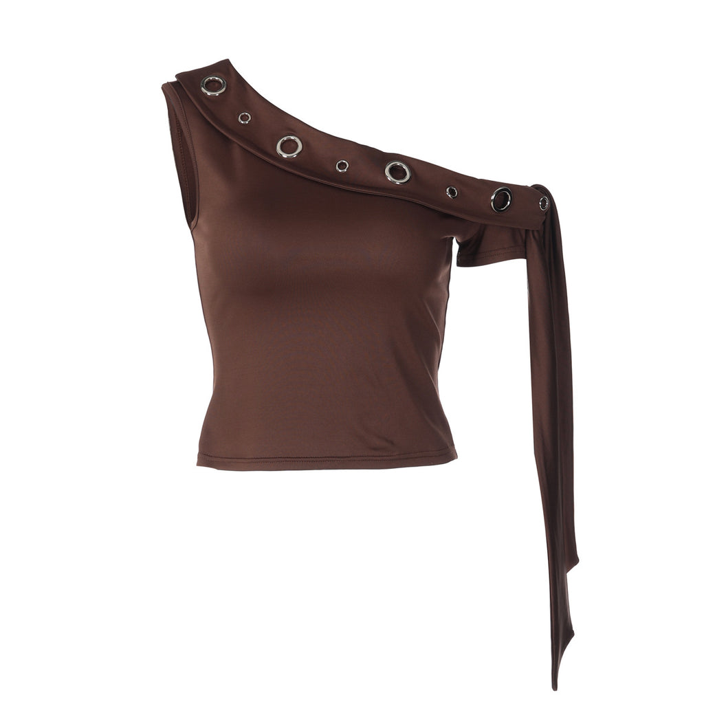 Summer Metal Eyelet One Shoulder Slit Neck Top With Ribbon Straps