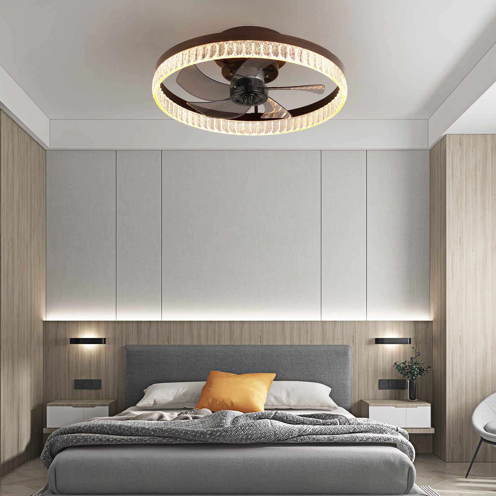 20  Brown Ceiling Fan With LED Light -Modern Flush Mount Fan Light For Bedroom, Living Room, And Home Decor With Crystal Ring Design