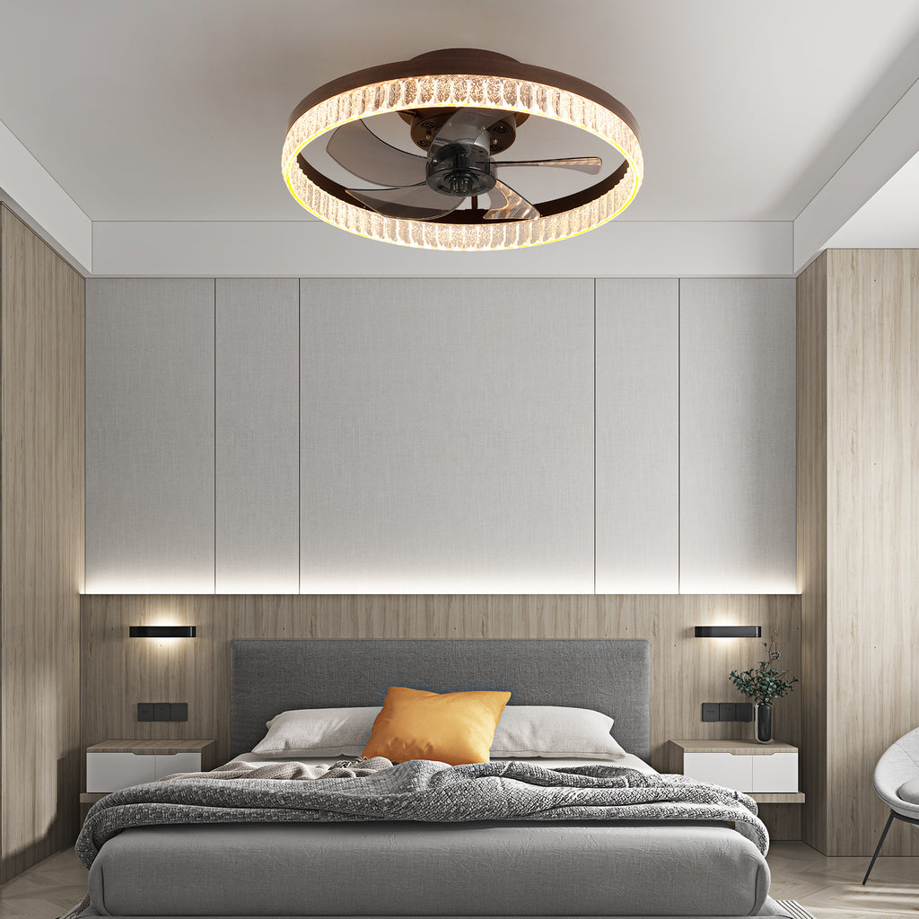 20  Brown Ceiling Fan With LED Light -Modern Flush Mount Fan Light For Bedroom, Living Room, And Home Decor With Crystal Ring Design