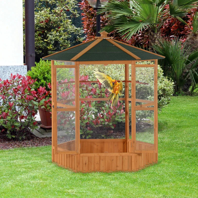 PawHut 69 Wooden Hexagonal Outdoor Aviary Flight Bird Cage With Covered Roof, BrownFor Multiple Packages, Please Pay Attention To The Detailed Dimensions And Weight Of Each Package.