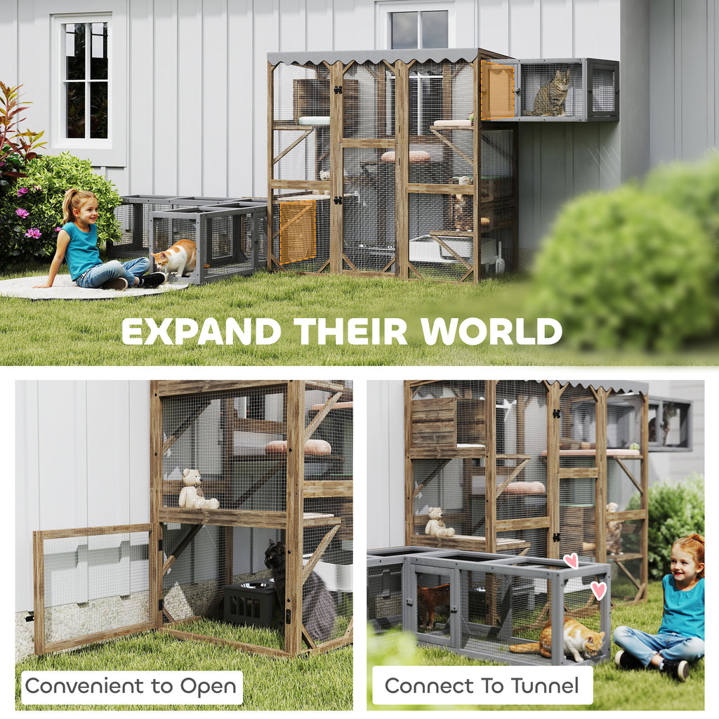 Outdoor Cat Enclosure with Window Access, 5 Platforms and 2 Resting Boxes, Waterproof Roof for Multiple Cats, Brown