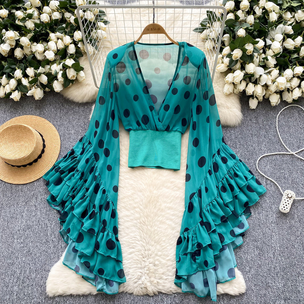 Women's Sheer Polka Dot Flare Sleeve V-Neck Top