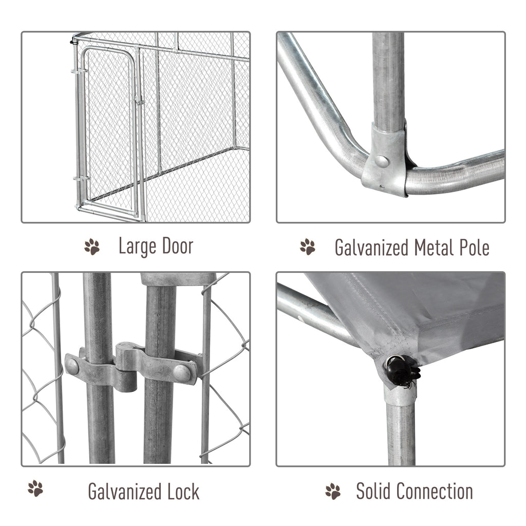 Outdoor Dog Kennel Galvanized Fence with Cover Secure Lock Sidewalls for Backyard 9.8' x 9.8' x 7.7'
