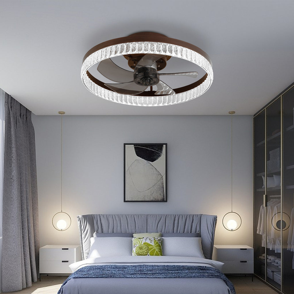 20  Brown Ceiling Fan With LED Light -Modern Flush Mount Fan Light For Bedroom, Living Room, And Home Decor With Crystal Ring Design