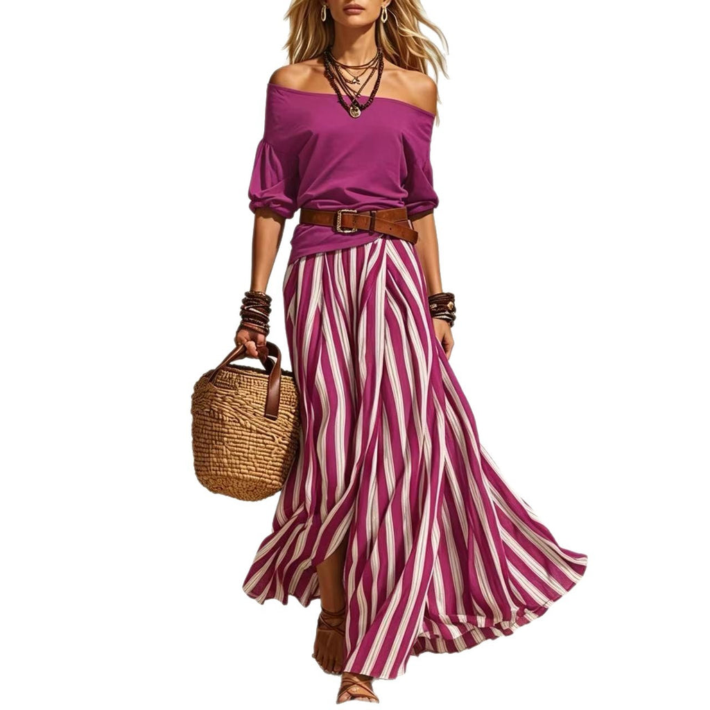 Off-shoulder Top And Slit Skirt Womens Set