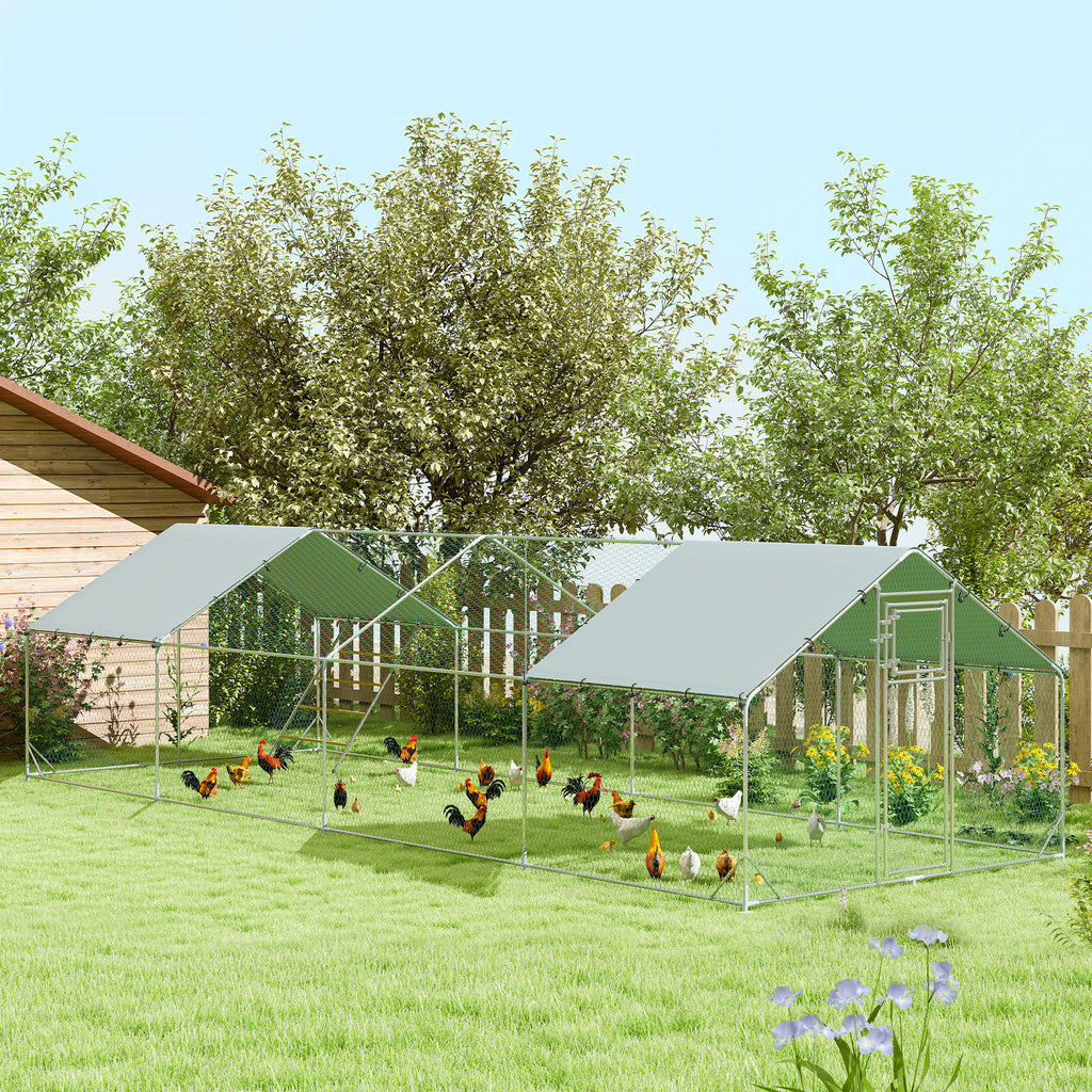 Metal Chicken Run w/ Waterproof & Anti-UV Cover, Feeding Door, Hanging Feeder, for 24-30 Chickens, 9.8' x 26.2' x 6.4'