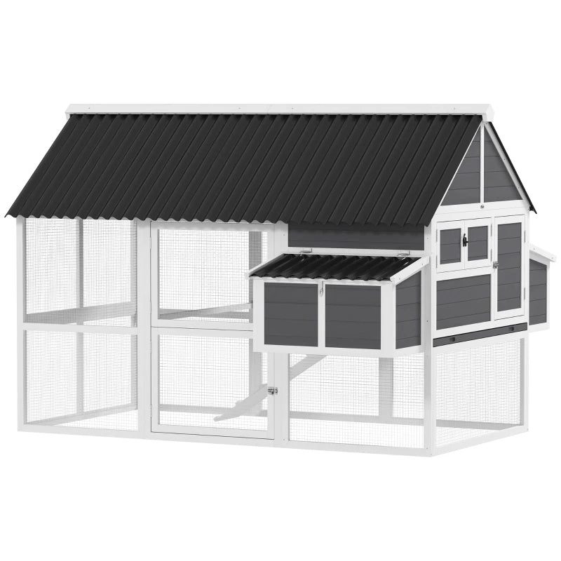 Wooden Chicken Coop With Run, 2 Nesting Boxes, 2 Roosting Bars, Ramp & Tray, Poultry Cage For 6-8 Chickens, Gray