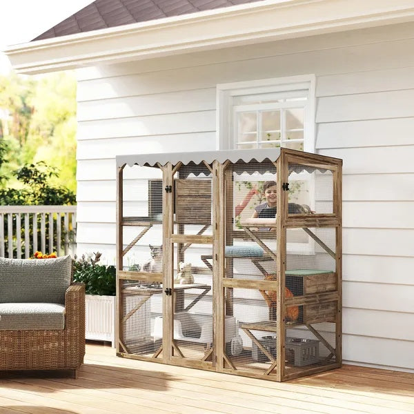 Outdoor Cat Enclosure With Window Access, 5 Platforms And 2 Resting Boxes, Waterproof Roof For Multiple Cats