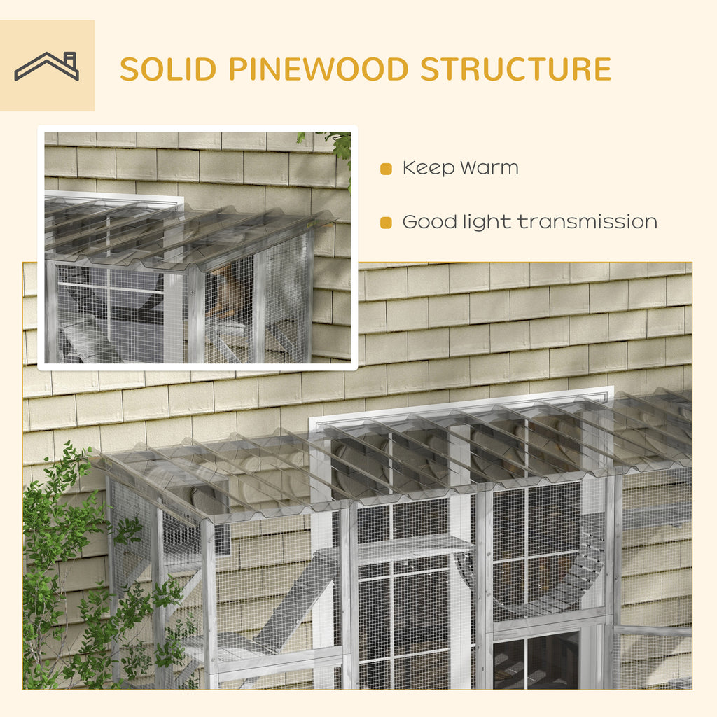 Catio Playground Cat Window Box Outside Enclosure for Multiple Cats w/ Shelves & Bridges, Gray