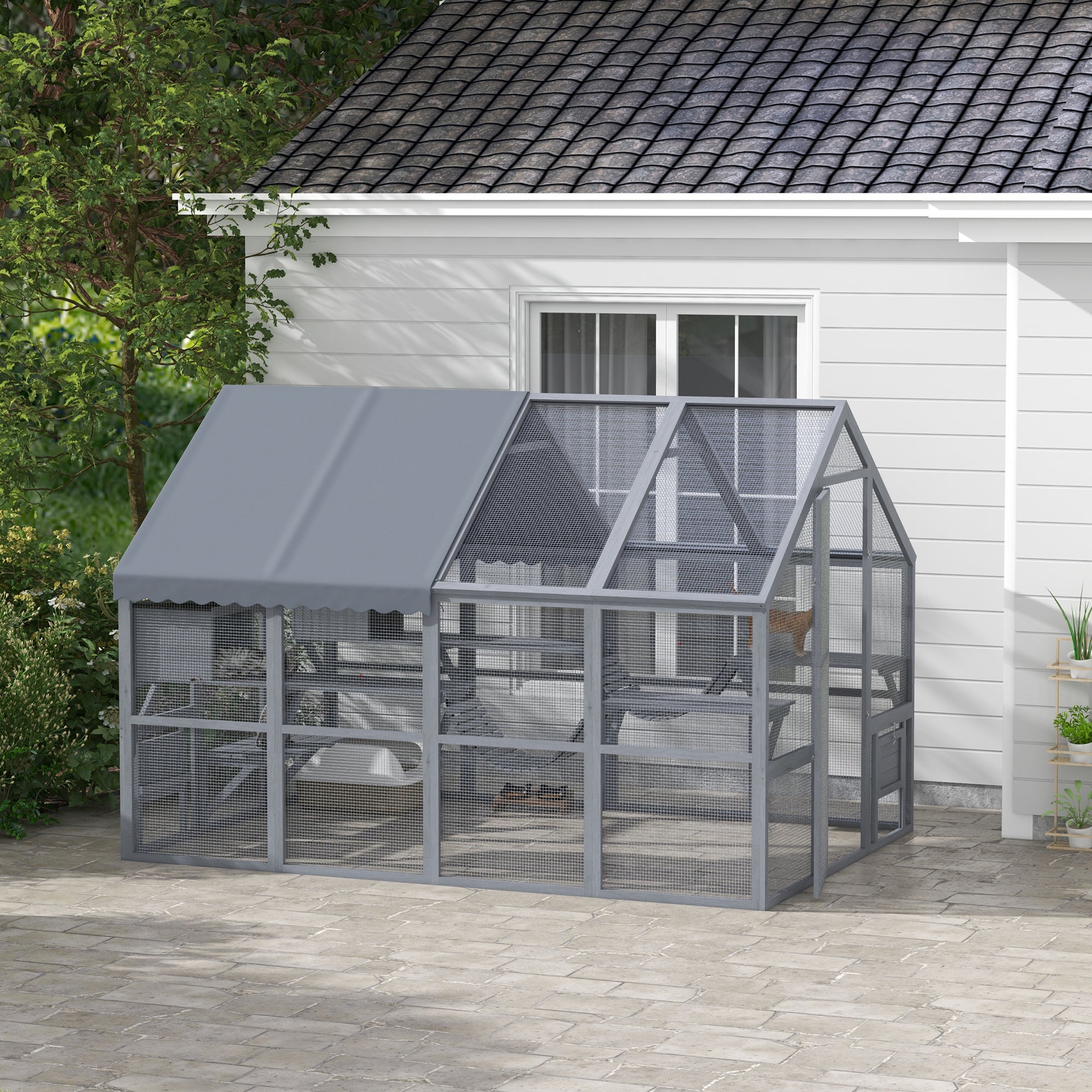 Wooden Catio Outdoor Cat Enclosure with Waterproof Cover, 2 Condos, 6 Platforms, Bridge, Doors, Gray