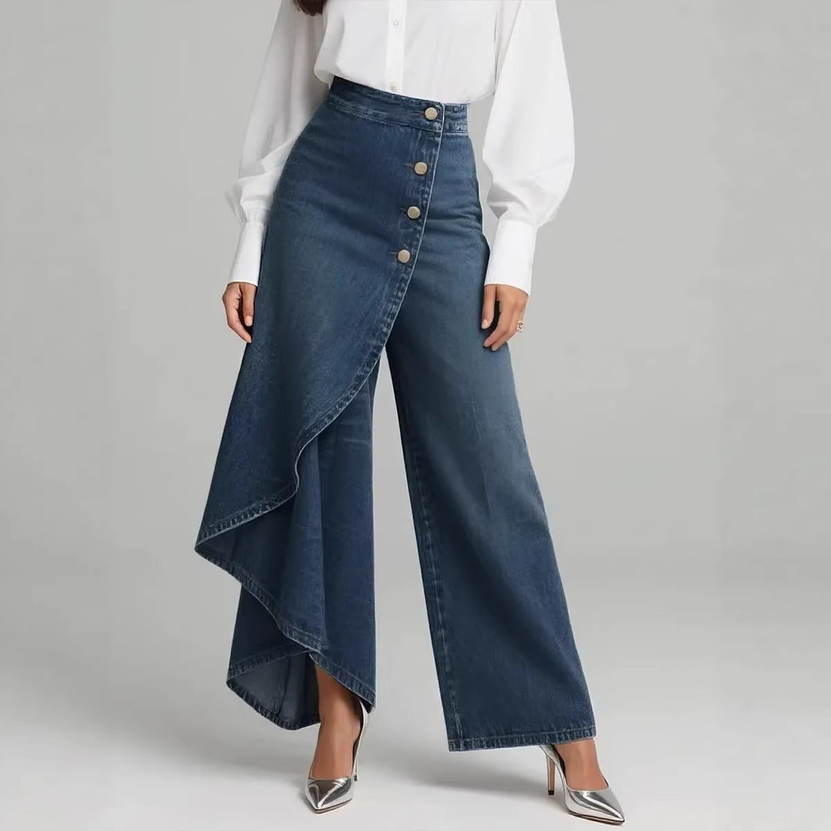 Women's Wide-Leg Ruffled Button Trousers