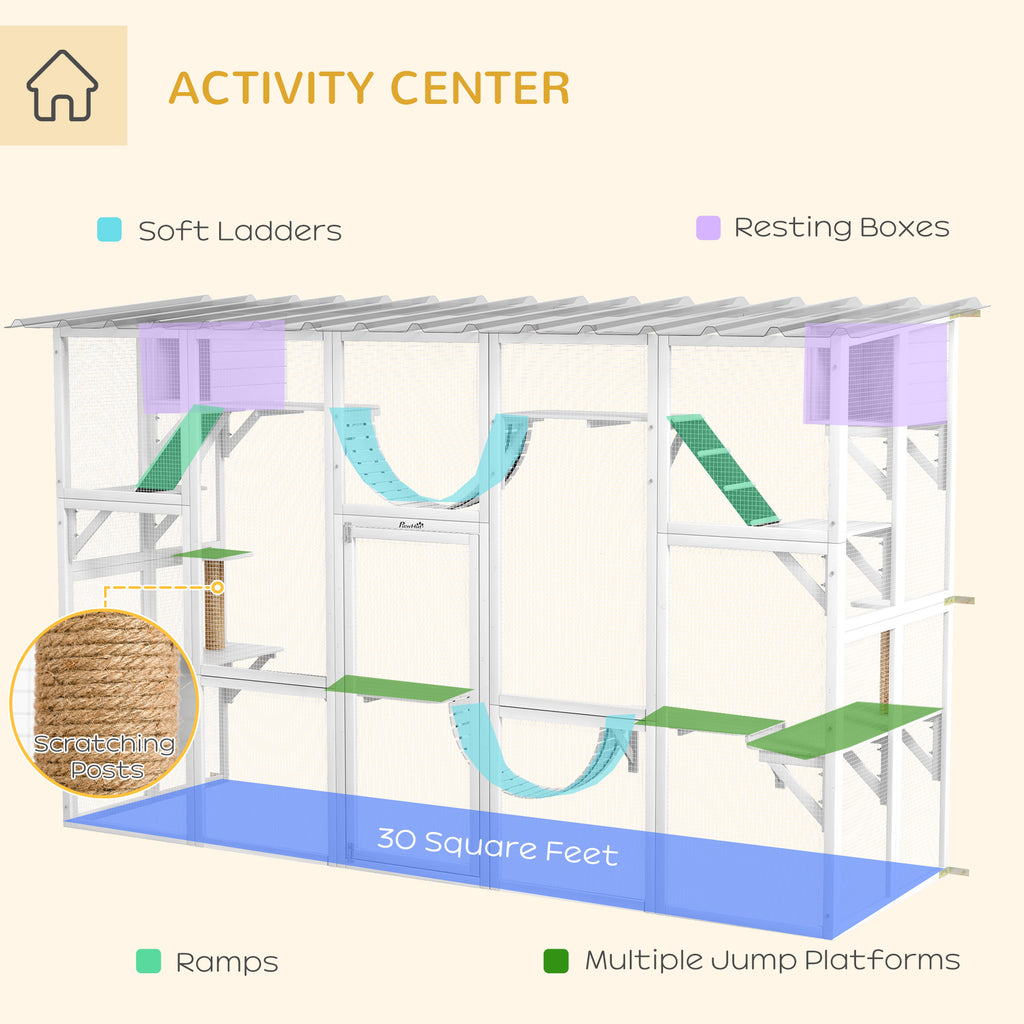 Cat Window Box , Large Catio with Shelves & Bridges, Outside Enclosure for Multiple Cats, White