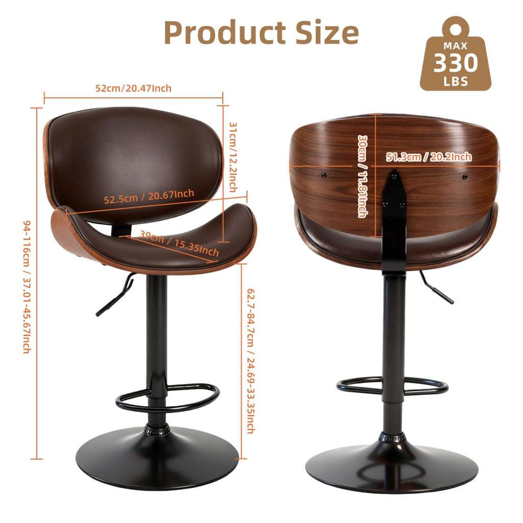 A Set Of 2 Rotating Bar Stools With Adjustable Height, PU Leather Decorative Chairs, Backrests And Footstools, And Anti-slip Rubber Bases