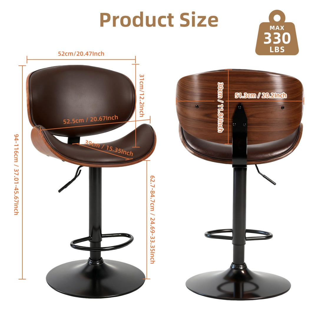 A Set Of 2 Rotating Bar Stools With Adjustable Height, PU Leather Decorative Chairs, Backrests And Footstools, And Anti-slip Rubber Bases