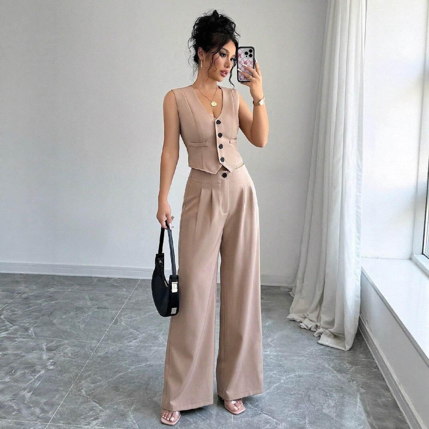Chic Tweed-Style Vest & Pants Co-ord Set