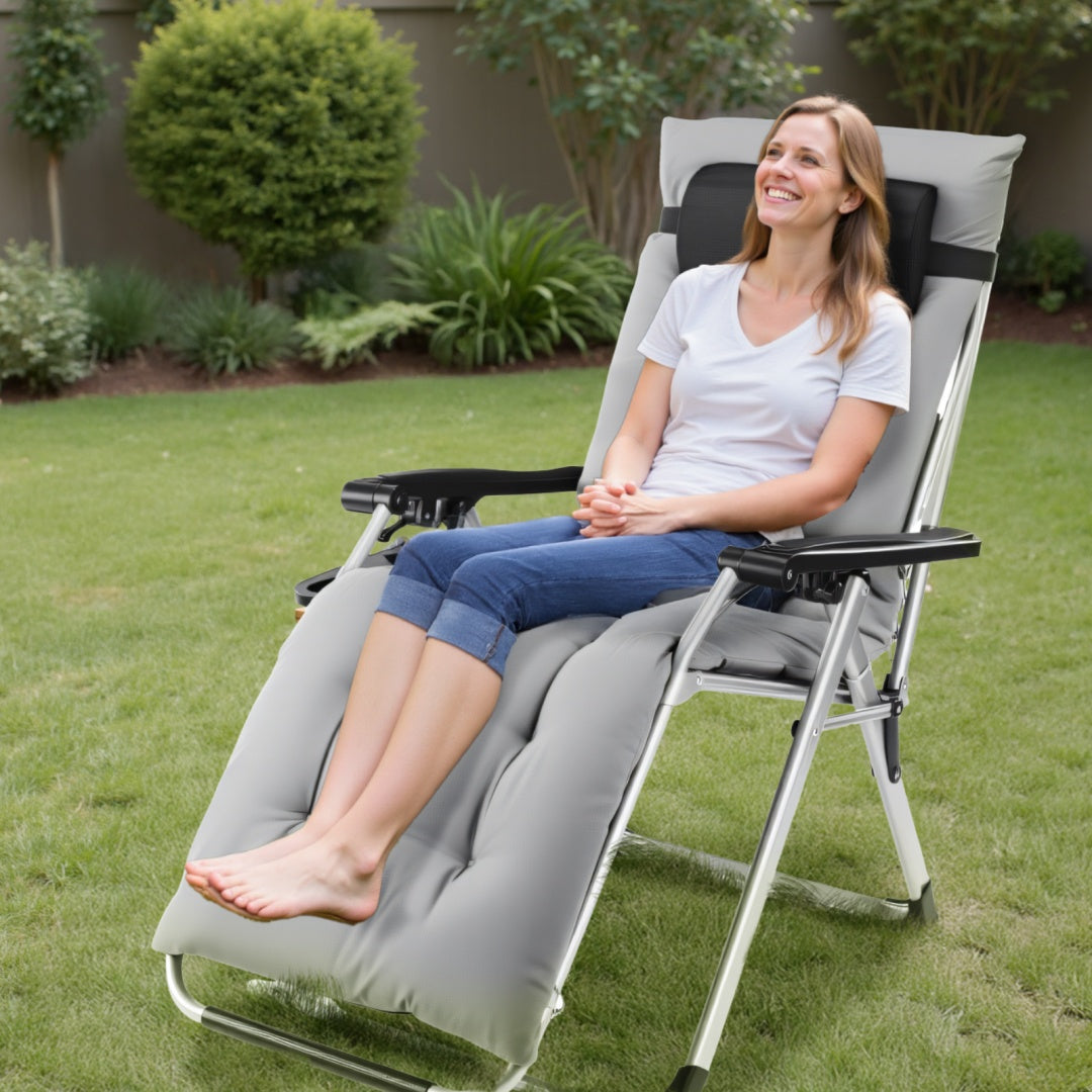 Zero Gravity Chair, Reclining Camping Lounge Chair For Indoor, Reclining Patio Chairs With Cup Holder Trays And Removable Cushion