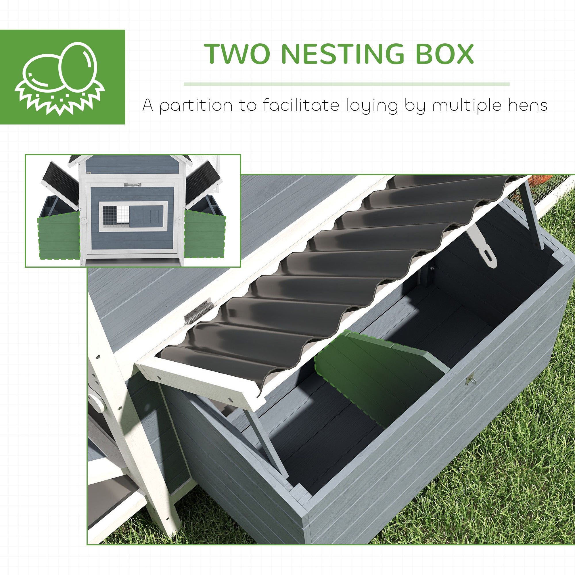 156 Extra Large Wooden Chicken Coop With 2 Nesting Box, Run Cage, Waterproof Wave Roof, For 10-15 Chickens, Light Gray