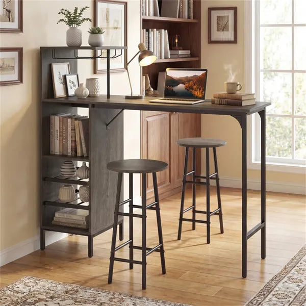 3PCS Bar Table & Stools Set, Wine Storage (6 Bottles + Wine Glass Holder), Oak