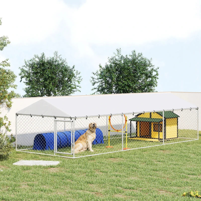 PawHut 20' X 7.5' X 5' Dog Kennel Outdoor For Large Dogs With Waterproof Roof, Silver,For Multiple Parcels Of Goods, Please Pay Attention To The Detailed Dimensions And Weight