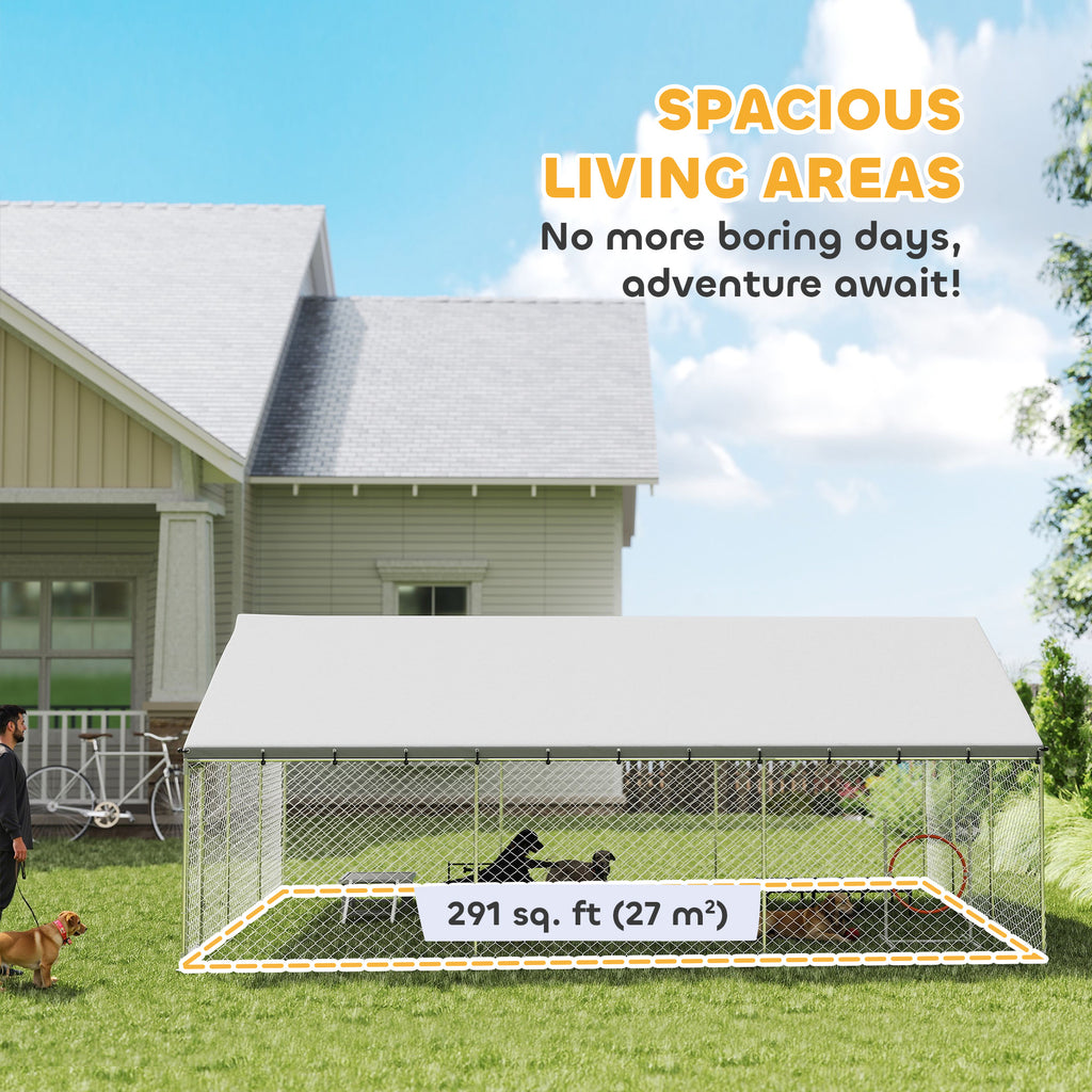 Heavy Duty Outdoor Dog Kennel with Waterproof Roof, 2 Secure Latches, Chain Link Dog Run for Backyard, 20' x 15' x 8'
