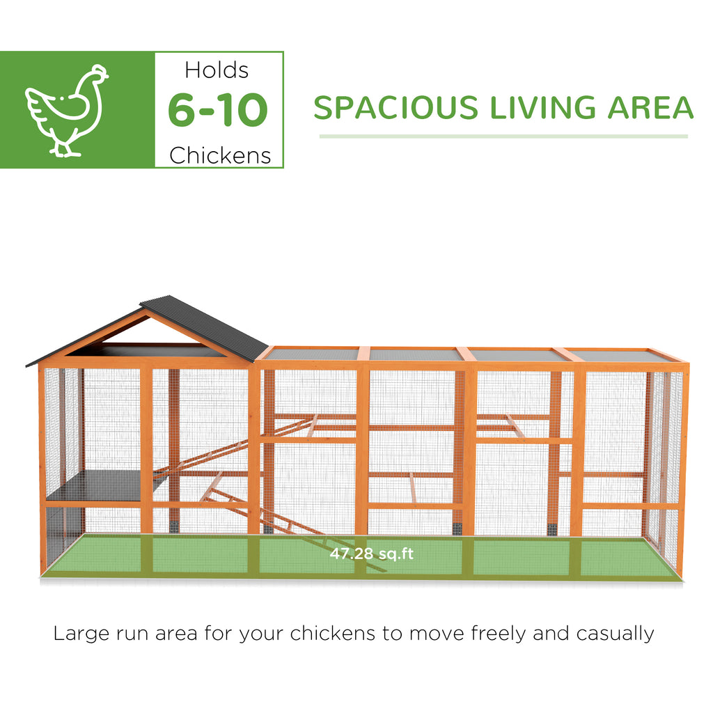Wooden Chicken Coop Run for 6 - 10 Chickens, Hen House Add-On with Storage, Perches, 141.75" x 48" x 61", Orange