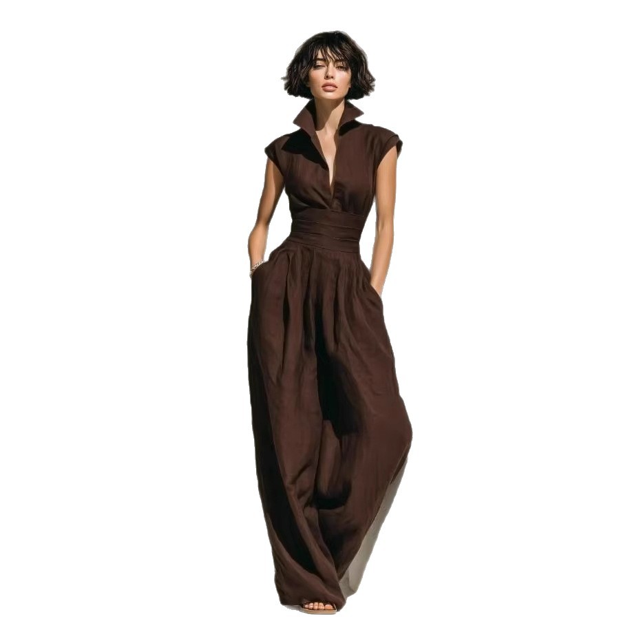 Elegant Waist-Cinching Pleated Solid-Color Designer Womens Jumpsuit