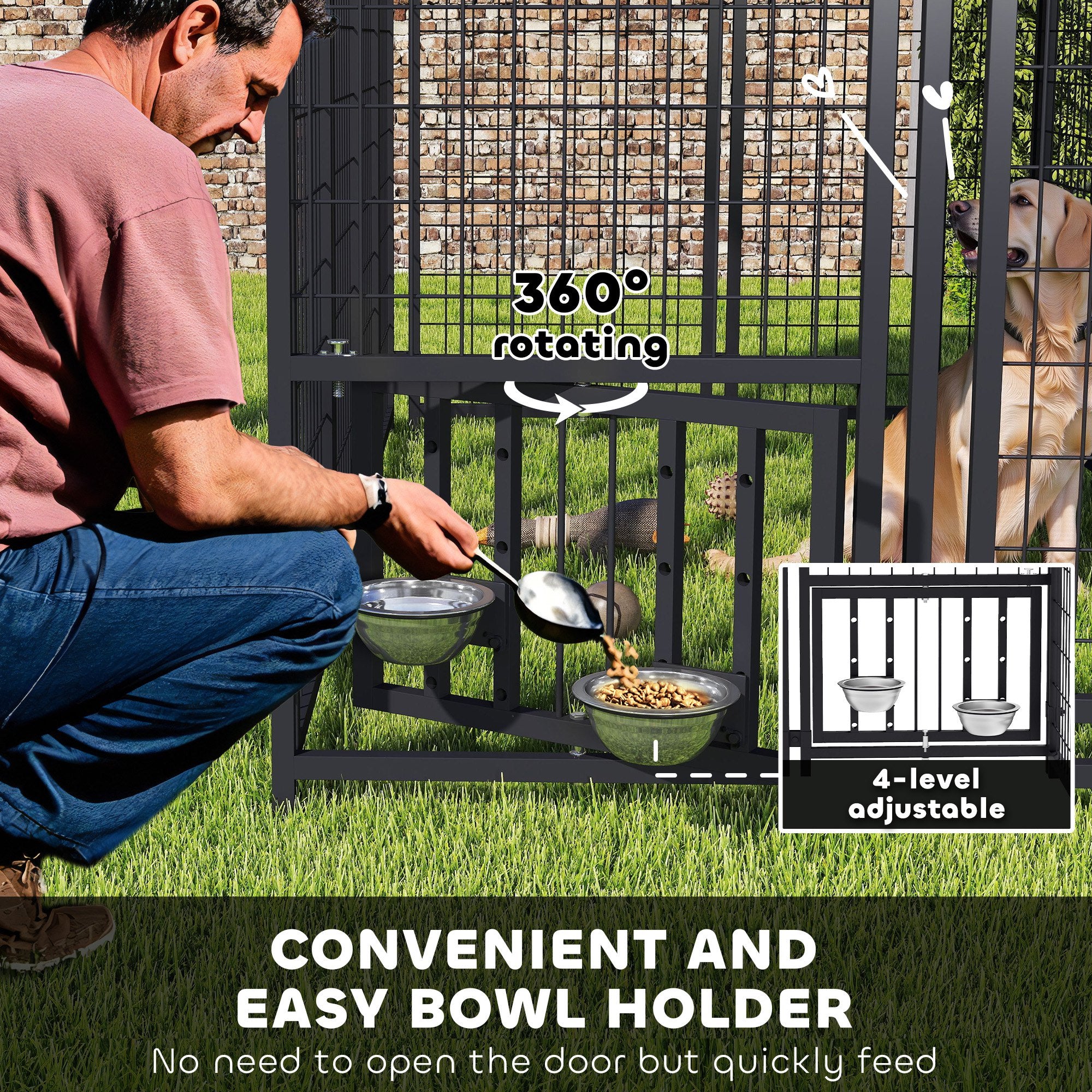 Welded Wire Outdoor Dog Kennel with 360° Rotating & 4 Levels Adjustable Bowls, Waterproof Cover, 7.9' x 4' x 6'