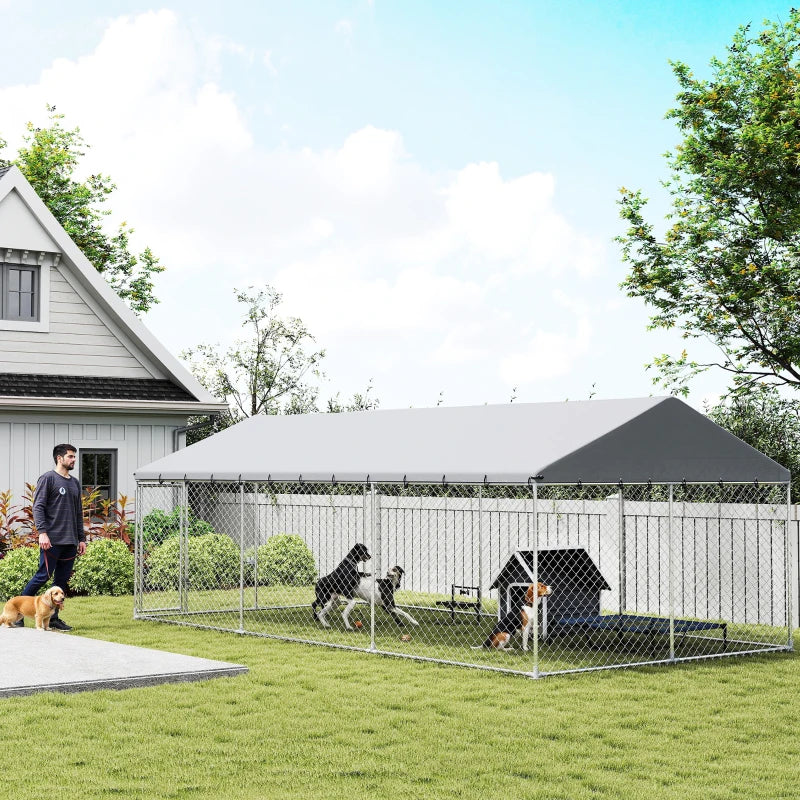 Heavy Duty Outdoor Dog Kennel With Waterproof Roof, 2 Secure Latches, Chain Link Dog Run For Backyard, 20' X 10' X 7'For Multiple Packages, Please Pay Attention To The Detailed Dimensions And Weight