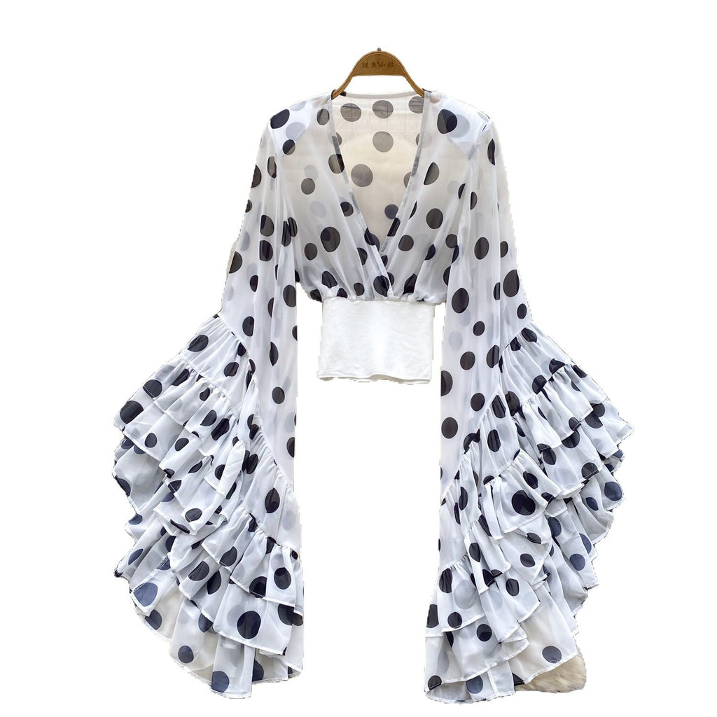 Women's Sheer Polka Dot Flare Sleeve V-Neck Top