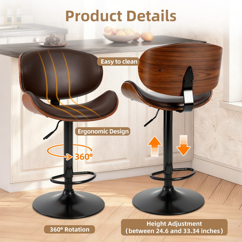 A Set Of 2 Rotating Bar Stools With Adjustable Height, PU Leather Decorative Chairs, Backrests And Footstools, And Anti-slip Rubber Bases