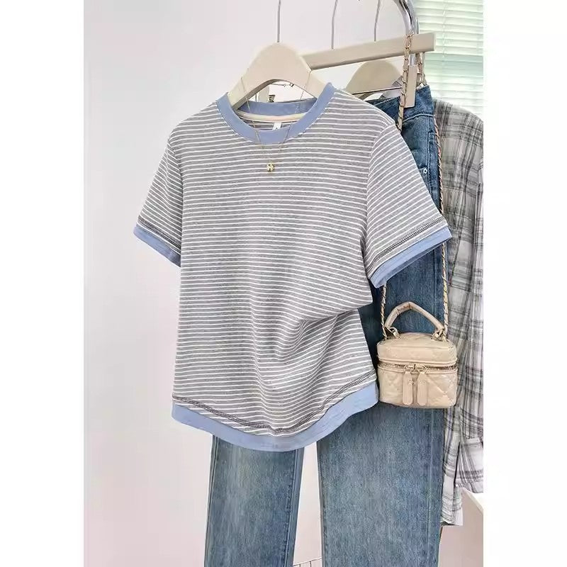 Womens Striped Loose-fitting Slimming Casual Top