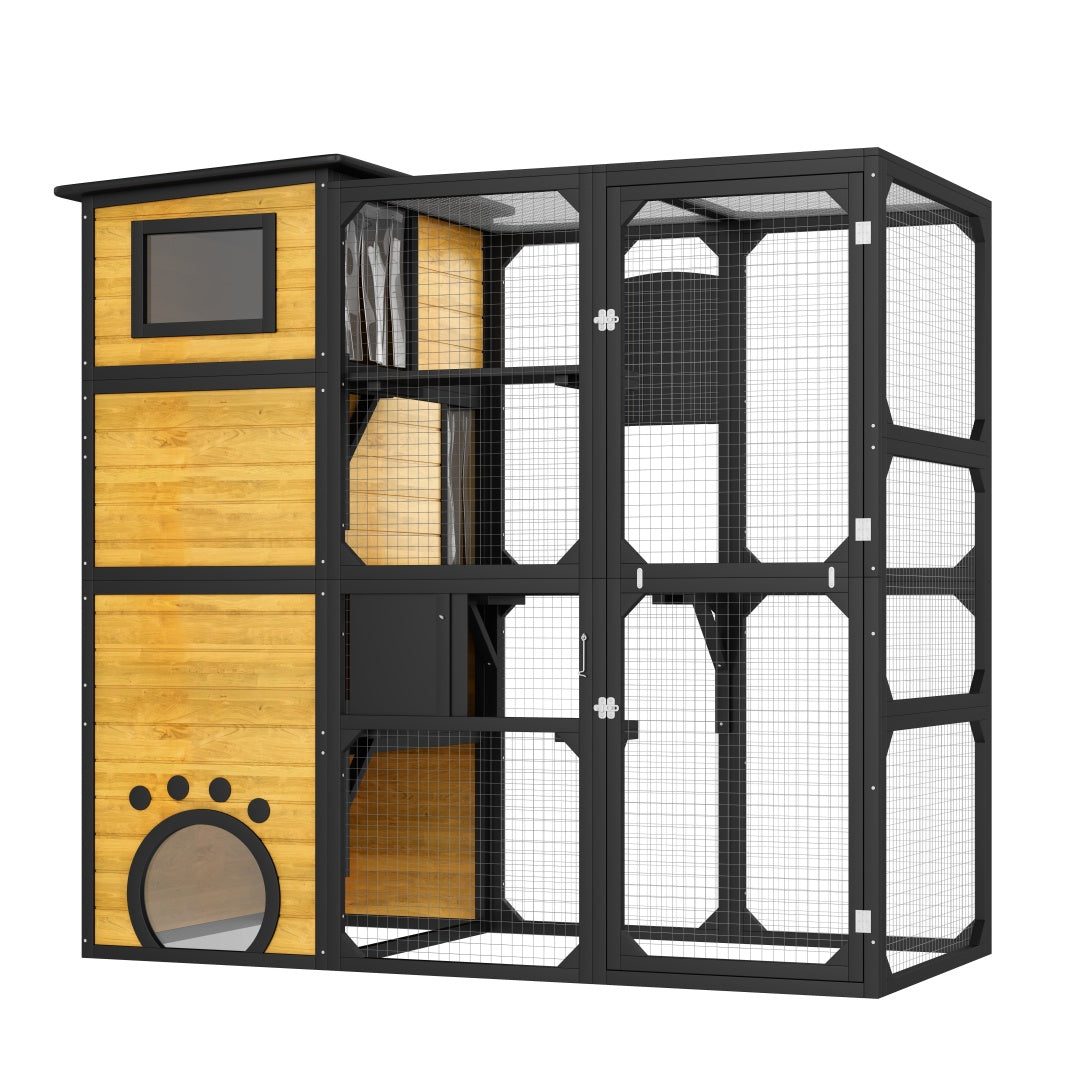 GO Large Cat Catio 4 Tiers Cat Enclosure For Outdoor, Cat House Weatherproof Attached To Window For Multiple Cats With Platforms And Resting Rooms, Brown