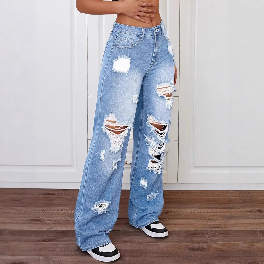 Women's Washed Ripped Straight Jeans