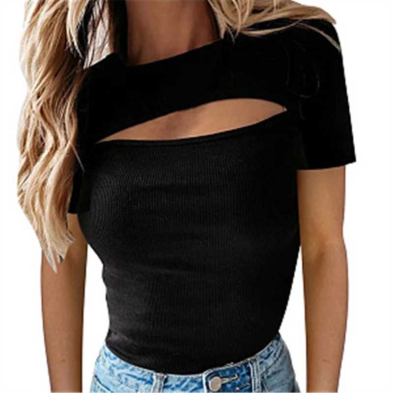 Sexy Bra-Cutout Short Sleeve Rib Top For Women, Fashionable, Sexy, Shows Breasts And Thighs, Exported To Amazon.com