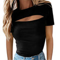 Sexy Bra-Cutout Short Sleeve Rib Top For Women, Fashionable, Sexy, Shows Breasts And Thighs, Exported To Amazon.com